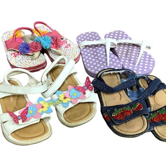 4 Pairs of Girls 7/8 9/10 Summer Polka Dot Floral Cherry Sandals Flip Flops - Picture 1 of 5